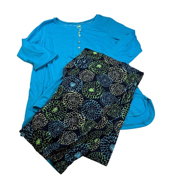 Hue XL Pajama Set Top and Pants Blue Floral Loungewear Sleepwear Womens - Picture 1 of 6